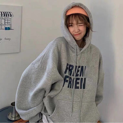 jinran Korean Fashion New Grey Loose Fleece Pullover Vintage Pocket Letter Printing Sweatshirt Lazy Casual Raglan Sleeves Hoodie Autumn