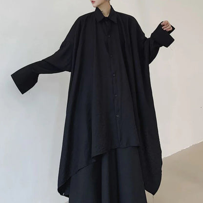 Mens Harajuku Irregular Shirt 2024 Spring New Fashion Goth Handsome Loose Oversized Lapel Fashion Long Sleeve Cloak Unisex