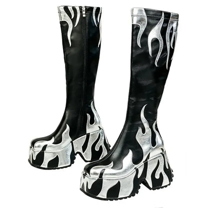 jinran 2024 Women's High Quality Thick High Heels, Thick Sole Side Zipper Boots, European and American Fashion Flame Show Shoes