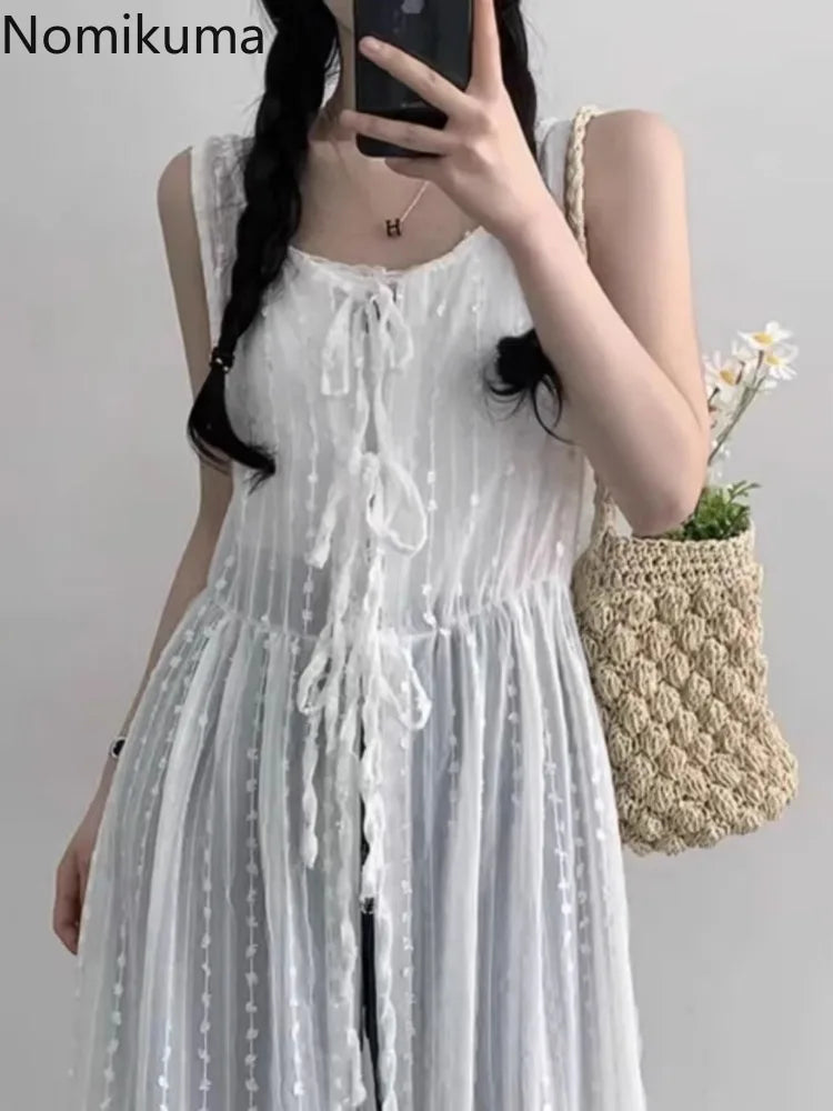 jinran White Dress Women Clothing Vestido Femme O-neck Bandage Tunic Sleeveless Robe Femme Spit Embroidery See Through Summer Dresses