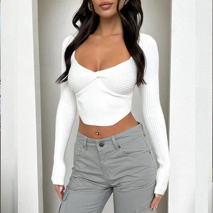 jinran Autumn Sexy Women's T-shirt New Corset Solid V-Neck Long Sleeves Crop Top Fashion Asymmetrical Streetwear Casual Female T-shirts