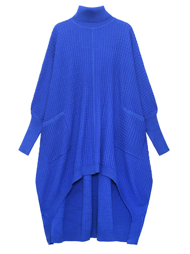 jinran Women Blue Irregular Back Long Big Size Knitting Dress New Turtleneck Long Sleeve Fashion Tide Spring Autumn 2024 1DF9757