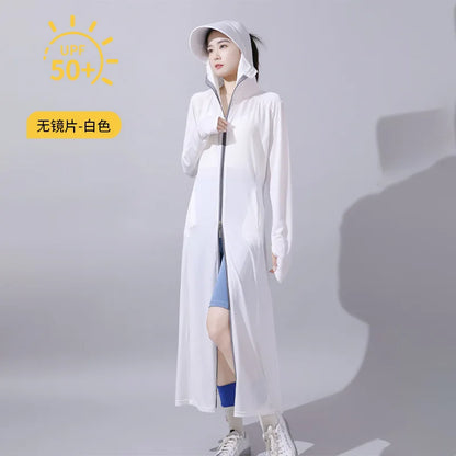jinran Summer Women Hooded Sun Protection Long Trench Coat With Hand Cover Design Breathable Thin Cool Fabric Cosy Clothing  Outerwear