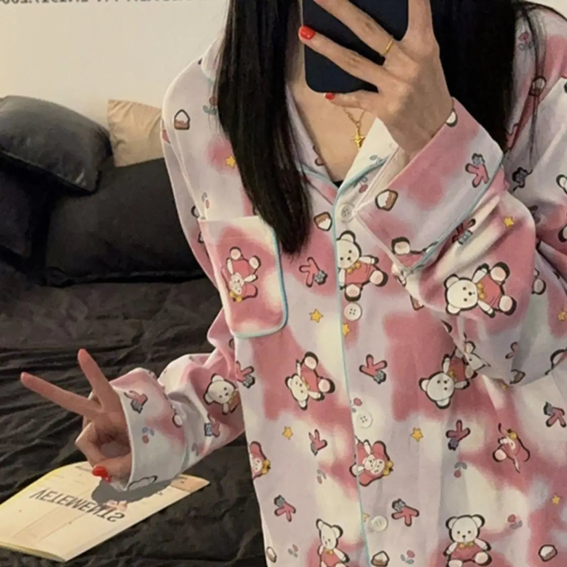 jinran 2024 New Sweet Spring Women Home Suits Female Lace Trim Cute Pajamas Sets Girls Cartoon Long Sleeves Trousers Simple Nightwear