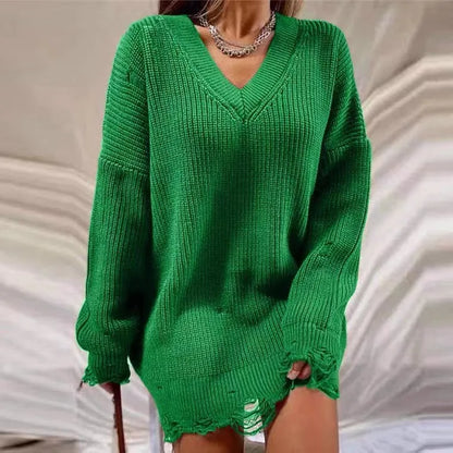 jinran Women Ripped Hole Knit Dress Autumn Winter Long Sleeve Mini Sweater Dresses Casual Loose Oversize Knitted Short Dresses