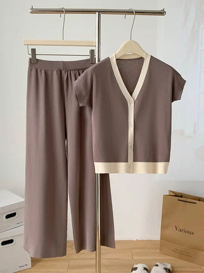 jinran Fashion Knitted 2 Pieces Sets Women V-Neck Single Breasted Cardigan+High Waist Wide Leg Long Pants 2024 New Solid Sweater Suits