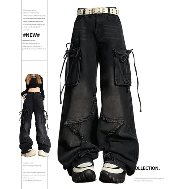 jinran Women's Black Gothic Baggy Sense of Design Cargo Jeans Harajuku Y2k Aesthetic Jeans Pants Vintage Clothes Hip Hop Denim Trousers