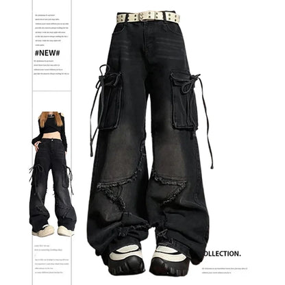 jinran Women's Black Gothic Baggy Sense of Design Cargo Jeans Harajuku Y2k Aesthetic Jeans Pants Vintage Clothes Hip Hop Denim Trousers