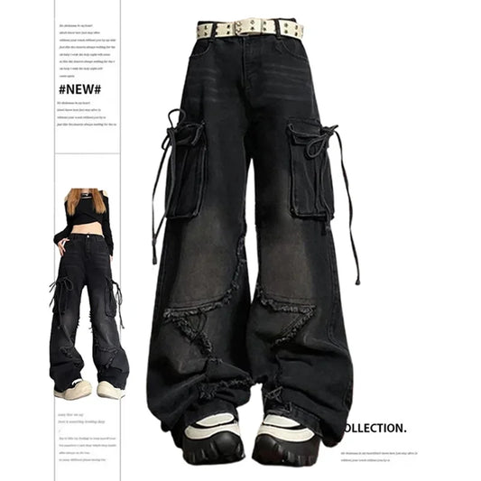jinran Women's Black Gothic Baggy Sense of Design Cargo Jeans Harajuku Y2k Aesthetic Jeans Pants Vintage Clothes Hip Hop Denim Trousers