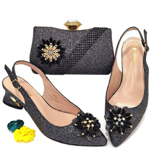 jinran 2022 Italian Design Latest Fashion Rhinestone Pointed Toe Low Heel  Summer Party Black Color Women's Shoes and Bags Set