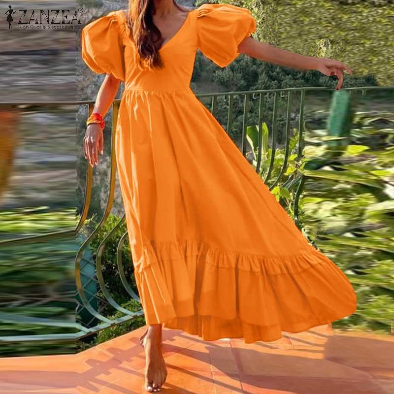 jinran 2024 Women Casual Solid Sundress Summer Vintage Holiday Party Vestidos ZANZEA Elegant Short Lantern Sleeve V Neck Kaftan Dress