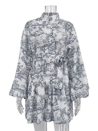 jinran Vintage Printed Lace-Up Mini Dress For Women Fashion Ruffled Pleated Dress Bandage Long Sleeve High Street Women's Dress