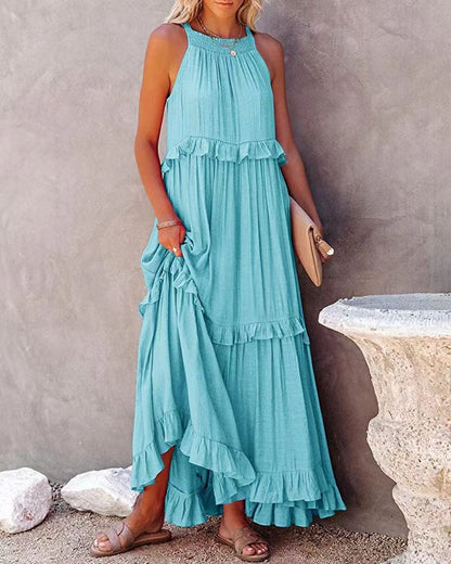 jinran Casual Solid Ruffle Long Dress Women Summer A-line Sleeveless Maxi Dresses Elegant Tie-Up Loose Beach Party Dress Vestidos Robe