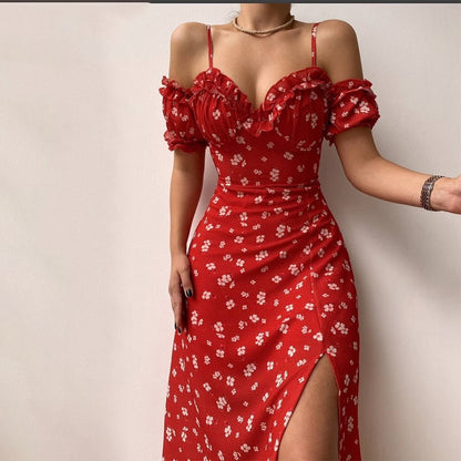 jinran Bohemian Floral Maxi Dress Women Maxi Dress Women Summer Off Shoulder Short Sleeve Corset Split Dress Elegant Beach Sexy Dresses