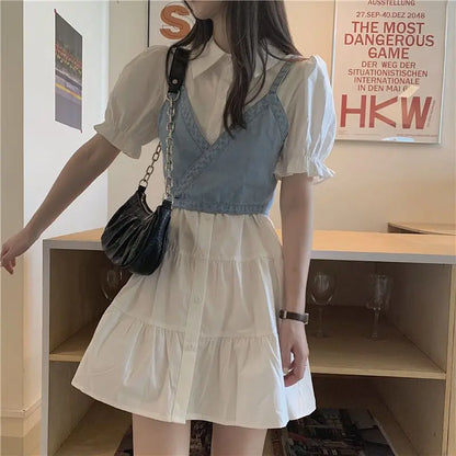 jinran 2024 Summer Women's Dresses Korean Fashion Vintage Puff Sleeve Shirt Dress Women's Denim Camisole Vest Set New In Dresses