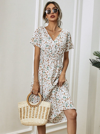 jinran Floral Print Shirred Waist Flared Hem Dress Summer Women Holiday Short Sleeve V-neck A-line Long Dress Robe Femme