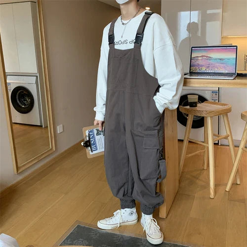 Suspenders Jumpsuit Pants Men Summer Overalls Japanese Loose Straps Casual Pockets Unisex Oversize Streetwear Solid Man Clothing