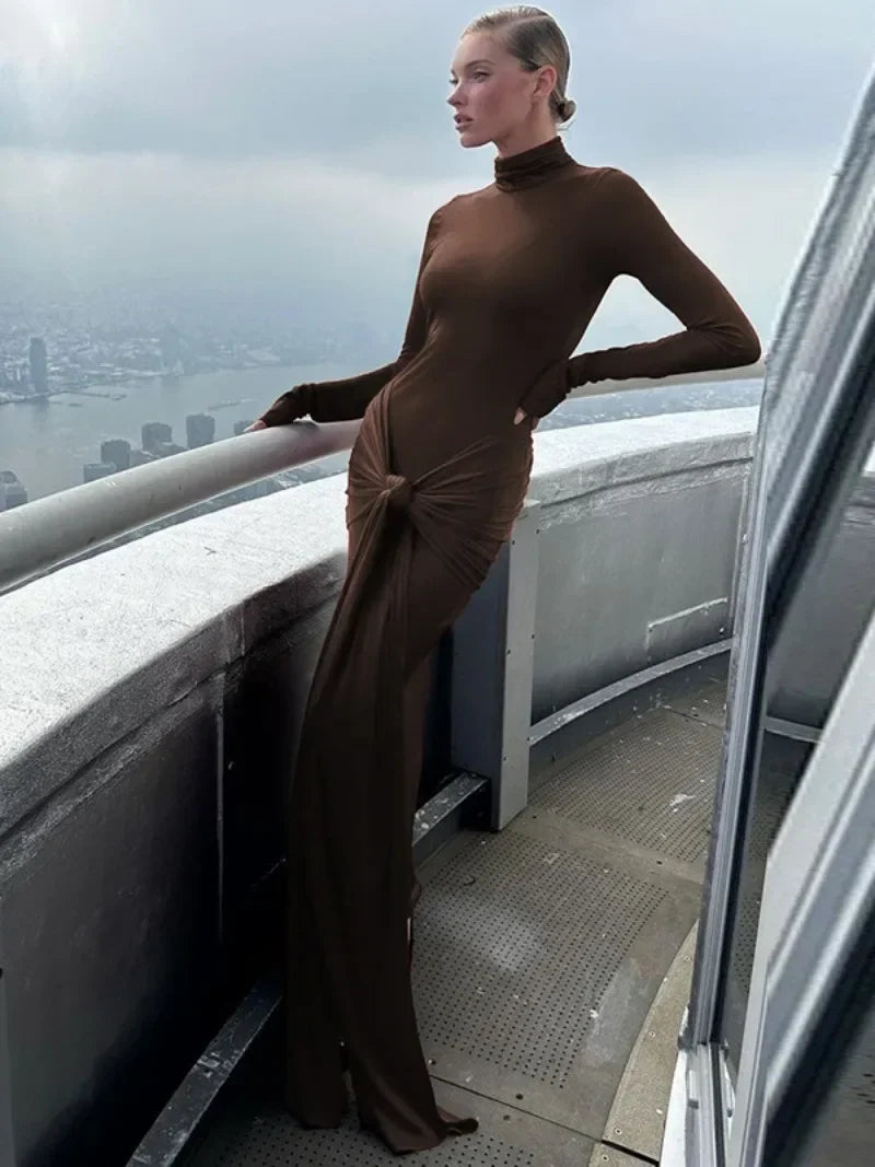jinran Woman Clothing Turtleneck Low Waist Bandage Bodycon Holiday Dress Streetwear Autumn Winter Solid Slim Party Club Long Dresses