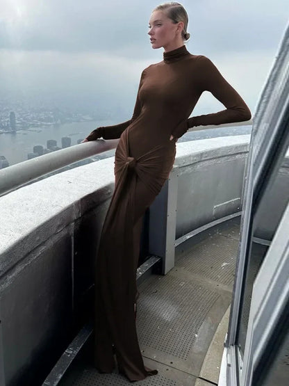 jinran Woman Clothing Turtleneck Low Waist Bandage Bodycon Holiday Dress Streetwear Autumn Winter Solid Slim Party Club Long Dresses