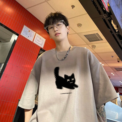 jinran Men's Oversized T-shirts Cotton T Shirt White for Men Casual Summer Wear Cat Anime Print Fashion Tee Shirts Men Clothing