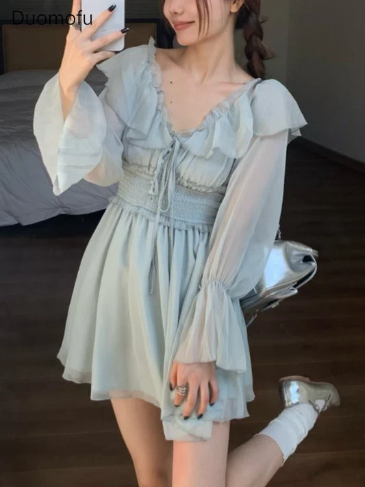 jinran Y2k Fairycore Blue Mini Dress Women Korean Style Ruffles Long Sleeve Tunic Dresses Sweet Egirl Princess Vestidos Autumn