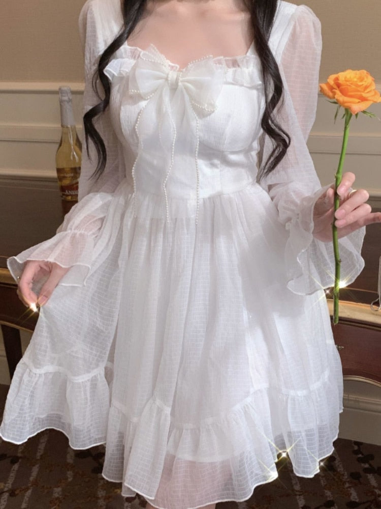 jinran White Kawaii Dress Women Chiffon Lolita Style Long Sleeve Mini Dresses Bow Fairy Robe Ruffles Patchwork Square Collar