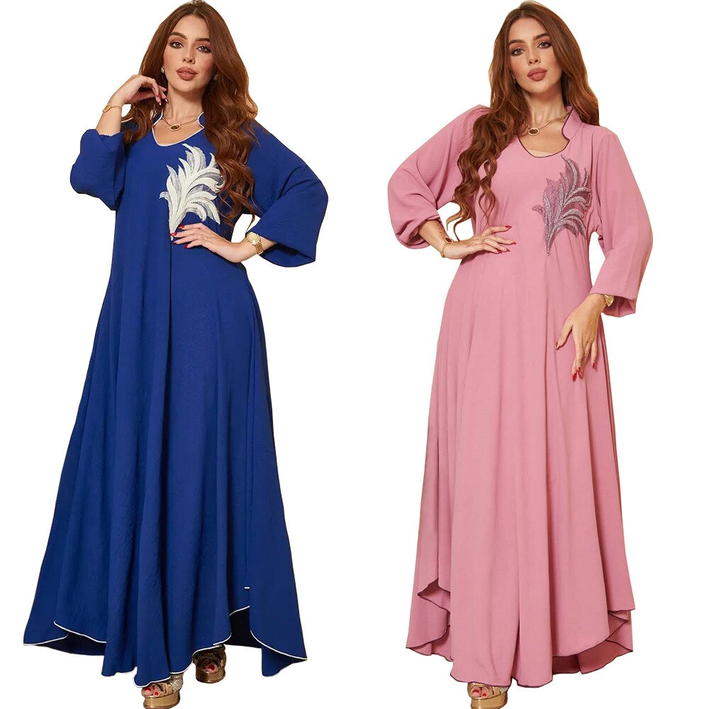 jinran Casual New Style Round Neck Fine Plain Color Polyester Muslim Southeast Asian Women's Chest Applique Dress Ab173