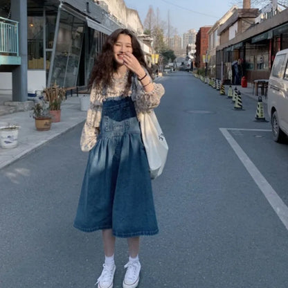 jinran 2024 Spring New Loose Denim Straps Dresses Women Solid Color Sleeveless Knee-length High Waist Office Lady Halter Dress Female