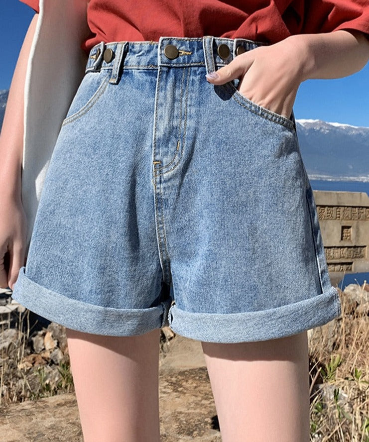 jinran New Summer Women High Waist Wide Leg Denim Shorts Casual Female Loose Fit Streetwear Solid Color Straight Jeans Shorts