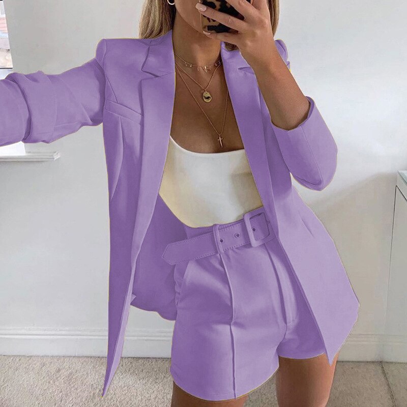 jinran New Spring and Summer Suit Jacket Shorts Sexy Temperament Women's Fashion Casual Lapel Cardigan Fashion Belt Women's Wear  Set