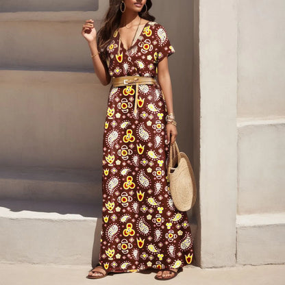 jinran Women Long Chiffon Dress Retro Elegance Short Sleeve A-Line Maxi Dresses Holiday Beach Casual Robe Flower Print Vestido