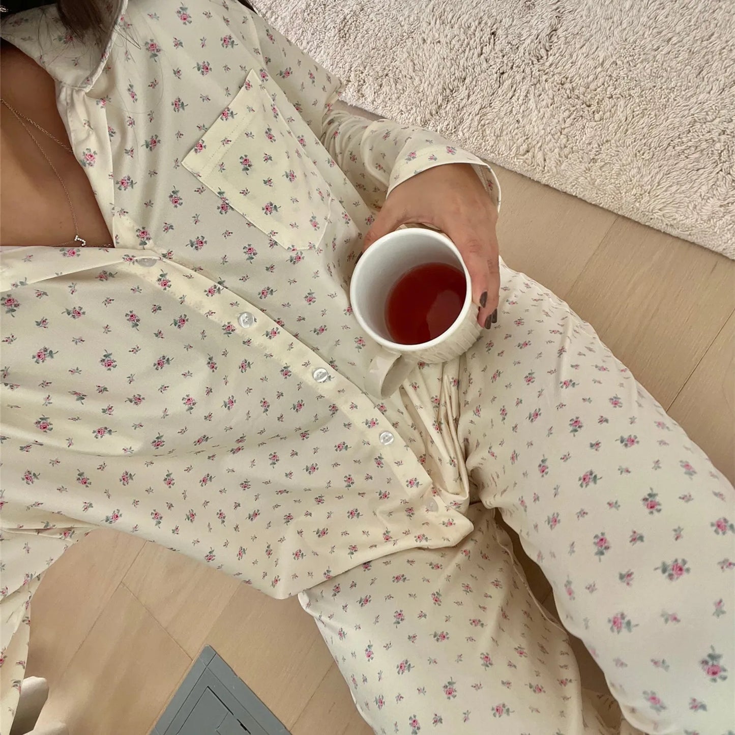 nvxiot  -   Women Pajamas Cute 2 Piece Set Y2K Vintage Print Button Up Long Sleeve Blouse T-shirt Tops+Pants Home Loungewear Sleepwear