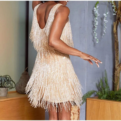 jinran 2023 New Sexy Tassel Sequins Feather Mini Dress Women Spaghetti Strap Stitching Dresses Female Elegant Evening Party Club Dress