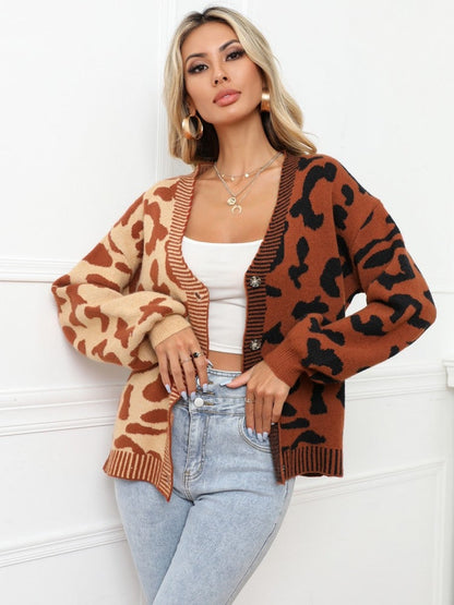 jinran New Leopard Pattern Stitched Sweater Button Knit Cardigan In Autumn Winter Streetwear Long Sleeve Top Coats Women Cardigan