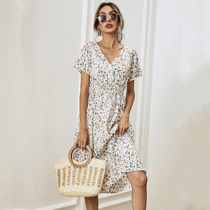 jinran Floral Print Shirred Waist Flared Hem Dress Summer Women Holiday Short Sleeve V-neck A-line Long Dress Robe Femme