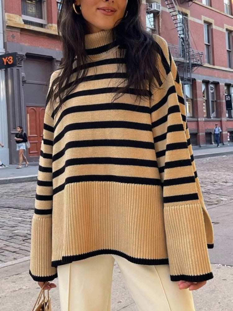 jinran Autumn New Women's High Collar Knitted Sweater Striped Slit Pullover Oversized Sweater Winter Clothes Women Thick Sweaters