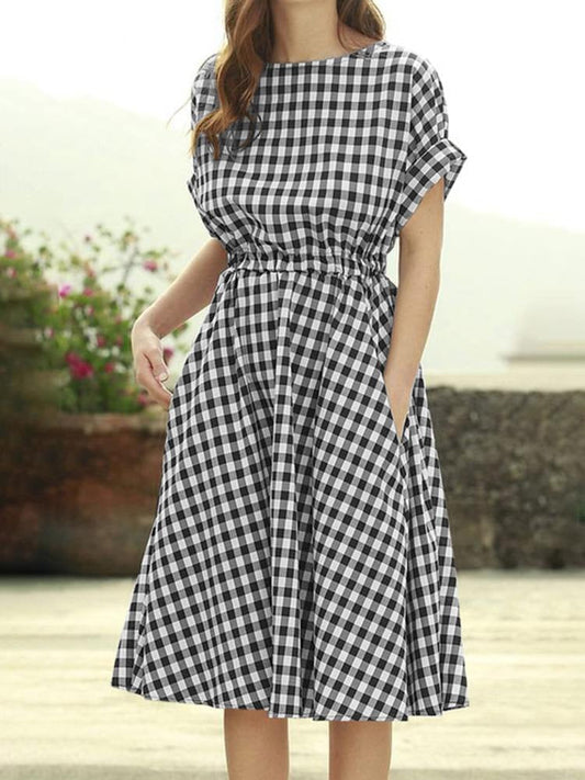 jinran Bohemian Stylish Casual Oversized Work Loose Holiday Robe Women Summer Grid Printed Dress Short Sleeve O-Neck Sundress