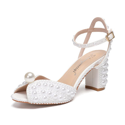 jinran Women Sandals Fashion High Quality Wedding Shoes Women New Pearls Studs Luxury Peep Toe High Heels Buckle Woman Sandal 43