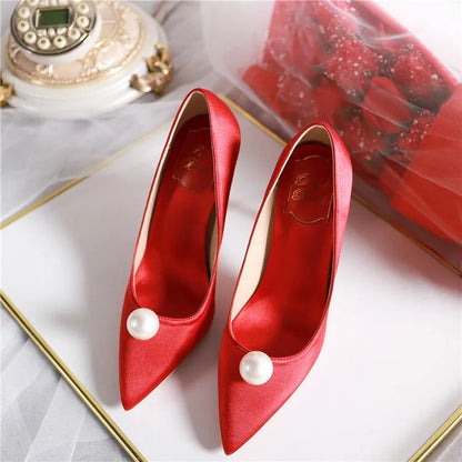 jinran 2024 New Pointed White Pearl 7cm Thin High Heel Women's Red Bridal Wedding Shoes