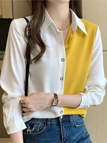 jinran Korean Fashion Hit Color Patchwork Loose Blouse Elegant Chiffon Tops Office Lady Spring Summer Chic Button Up Shirts Tunics