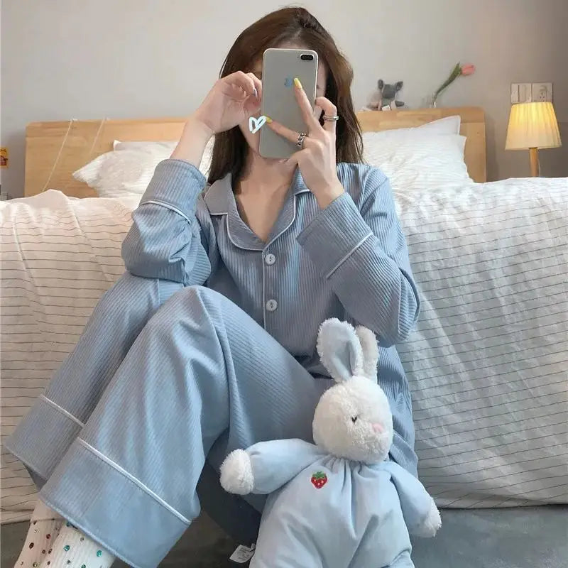 jinran Casual Women's Pajamas Set Spring and Autumn New 2024 Pure Cotton Long Sleeves Long Pants Sweet School Style Homewear Set