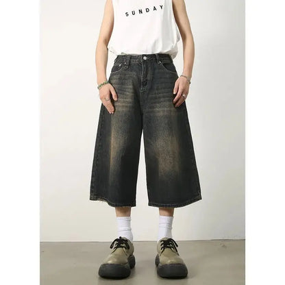 American Retro Summer Calf-Length Denim Pants Jeans Men High Street Over Knee Wide Leg Straight Shorts Casual Oversized Shorts