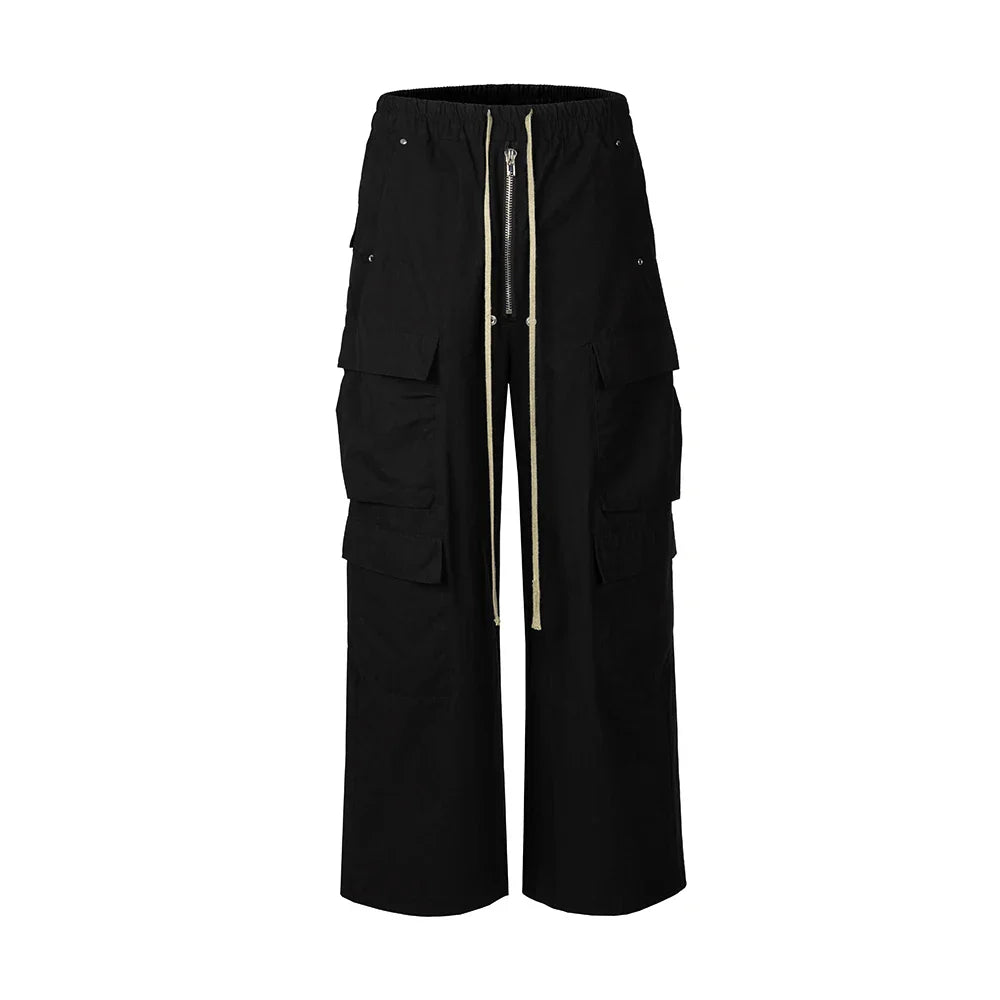 Wide Leg Drawstring Black Cargo Pants Unisex Straight Baggy Casual Overalls Men's Streetwear Loose Oversized Trousers