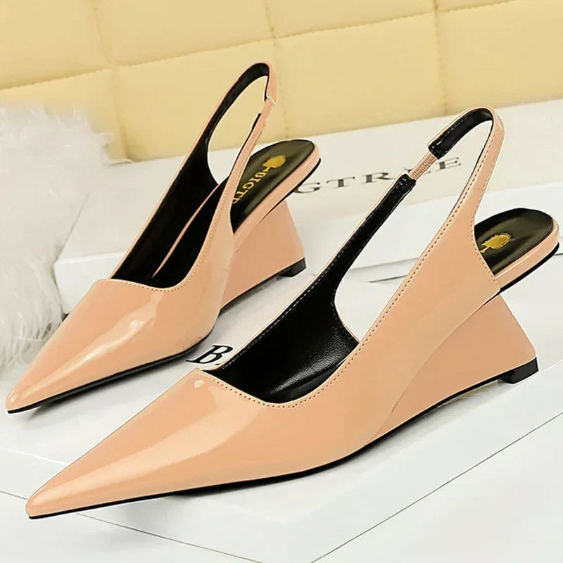 jinran 2024 Women 6.5cm High Heels Pumps Lady Pointed Toe Wedges Strange Middle Low Heels White Nude Pink Mules Patent Leather Shoes