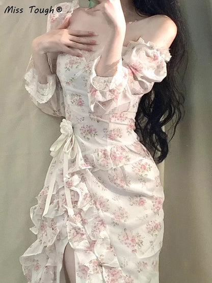 jinran Summer Beach Floral Party Midi Dress Women Print Casual Korean Style Sweet Dress Female Lace Sexy France Vintage Fairy Dress New