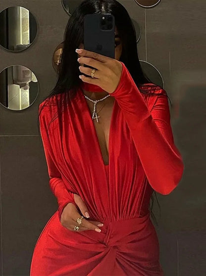 jinran Deep V Neck Full Sleeve Sexy Bodysuit Women Rompers Winter New Skinny Party Pleated Bodysuits Ladies T-shirt Clubwear