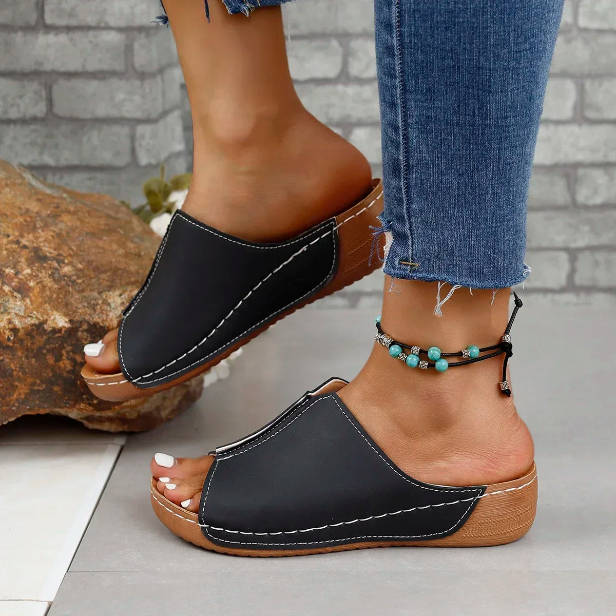 jinran Black Open Toe Women's Sandals Summer Fashion Breathable Comfortable Sandals Woman Wedge Buckle Female Footwear Woman Shoes