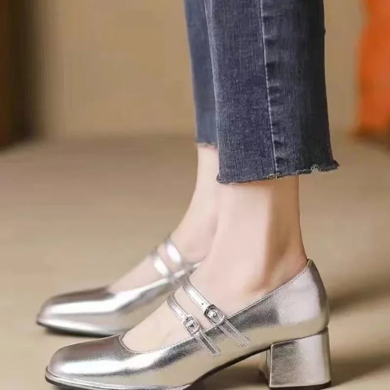 jinran High Heel Casual Pumps Square Toe Square Heel 2024 Brand Shoes Female Buckle Strap Autumn Solid Classics Pumps Tacón Alto