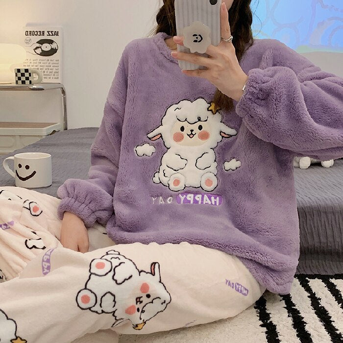 jinran Autumn Winter New Warm Flannel Women's Pajamas Set Long-sleeved Trousers Two-piece Set Cute Soft Home Wear Clothes for Women