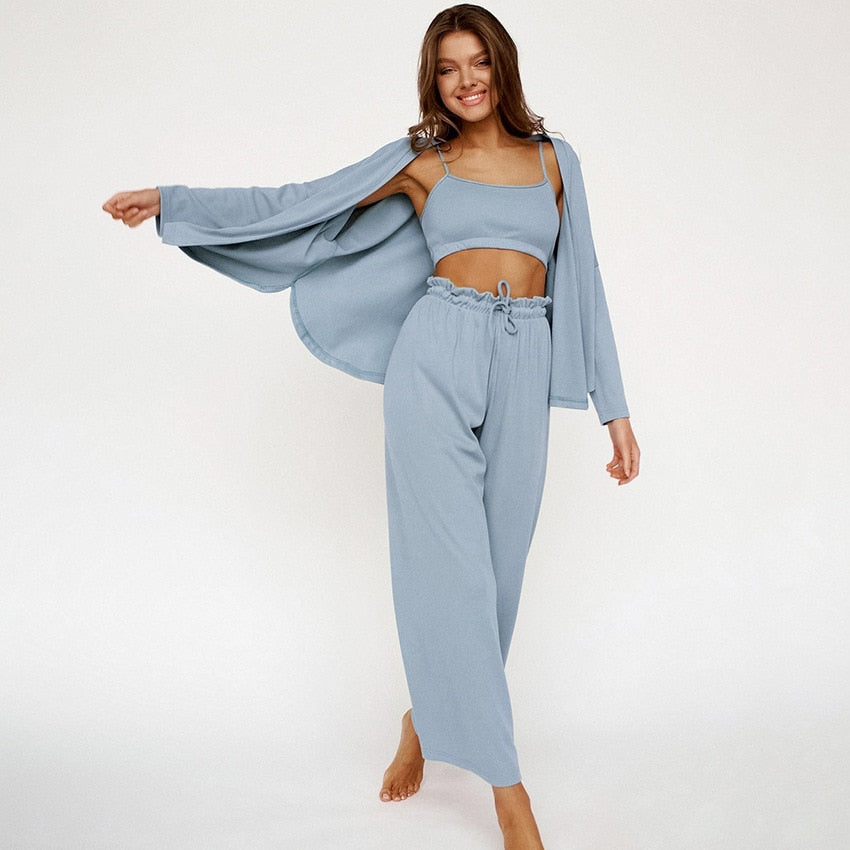 jinran Knitted Women's Nightwear 3 Piece Sets Casual Long Sleeve Pajamas Female Spaghetti Strap Crop Top Summer Trouser Suits